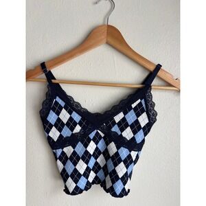 Navy Blue Argyle Lace-Trim Crop Tank Top